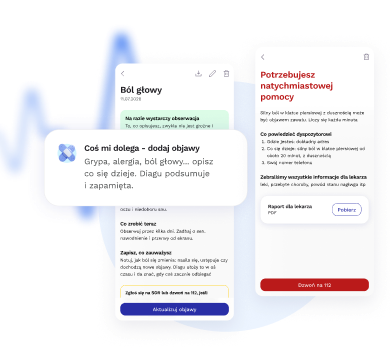 Podgląd monitorowania objawów w aplikacji Diagu